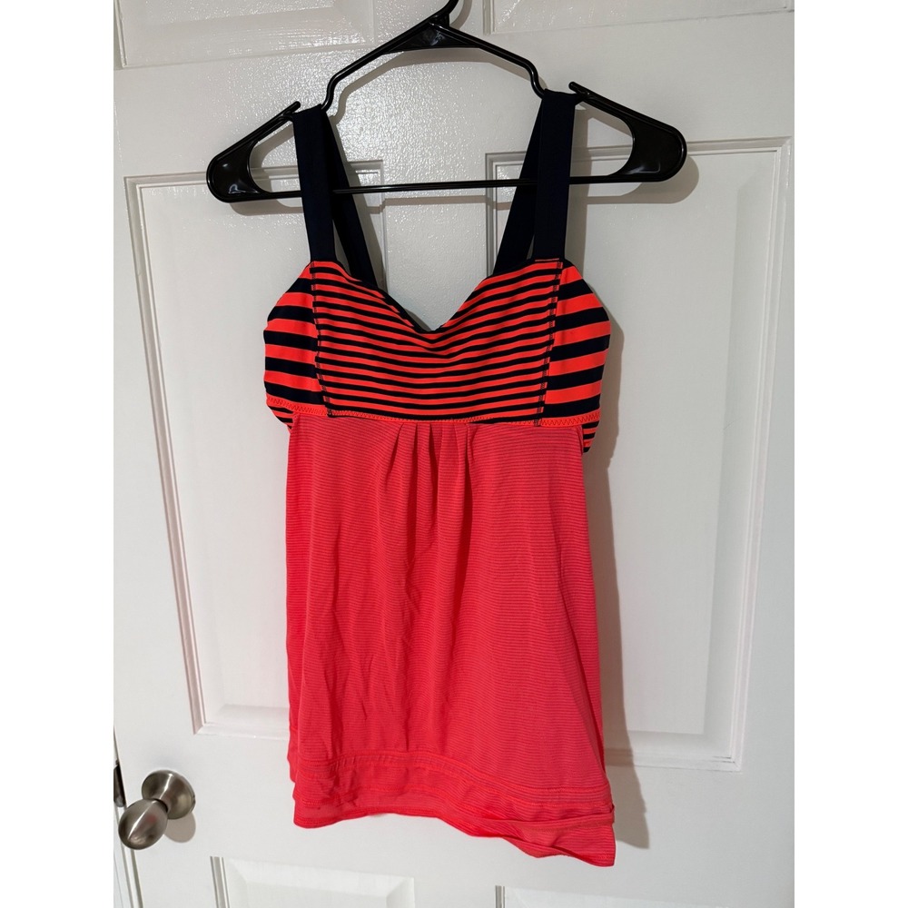 Lululemon No Limits Tank Top Coral Pink Navy Blue Striped Built-in Bra Womens